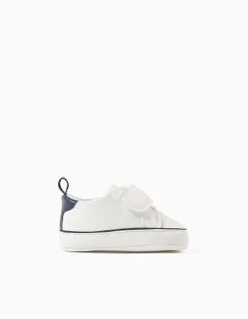 Synthetic Leather Trainers for Newborn Boys, White/Dark Blue