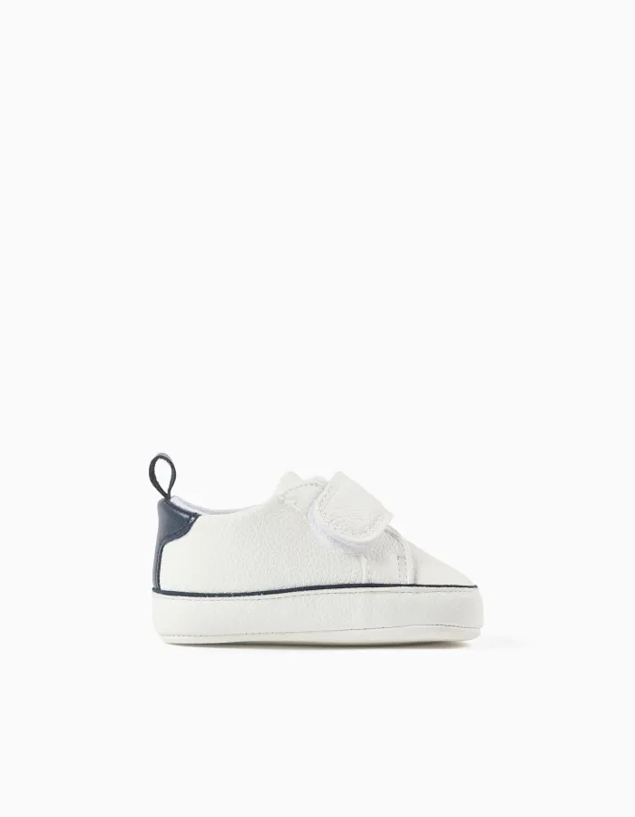 Synthetic Leather Trainers for Newborn Boys, White/Dark Blue