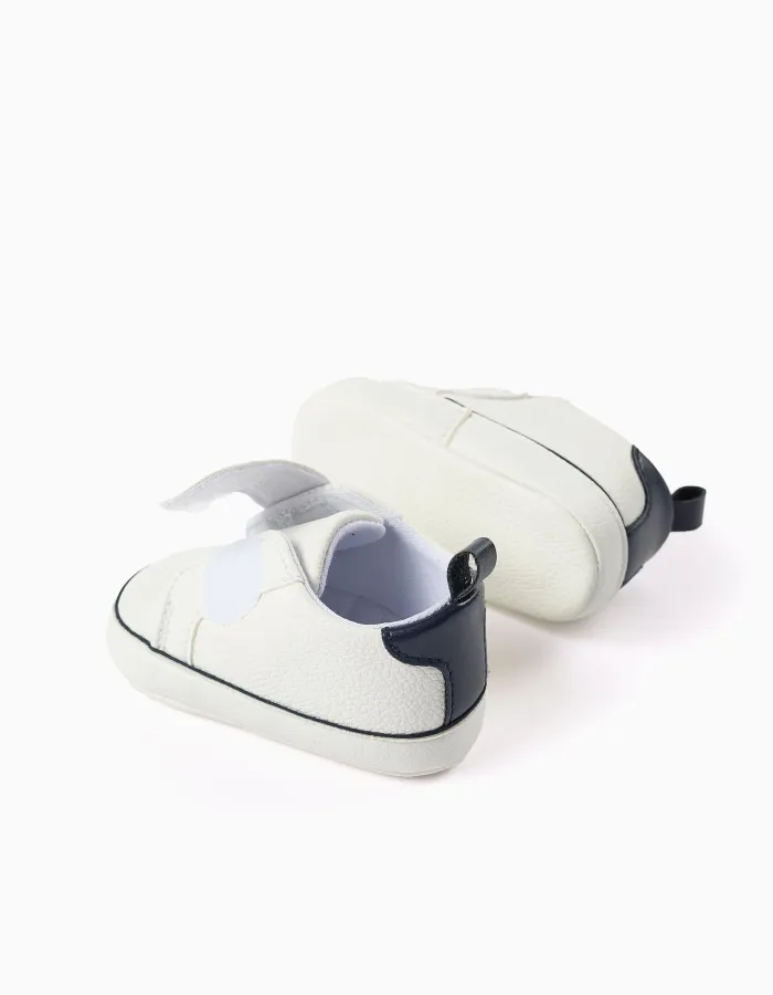 Synthetic Leather Trainers for Newborn Boys, White/Dark Blue
