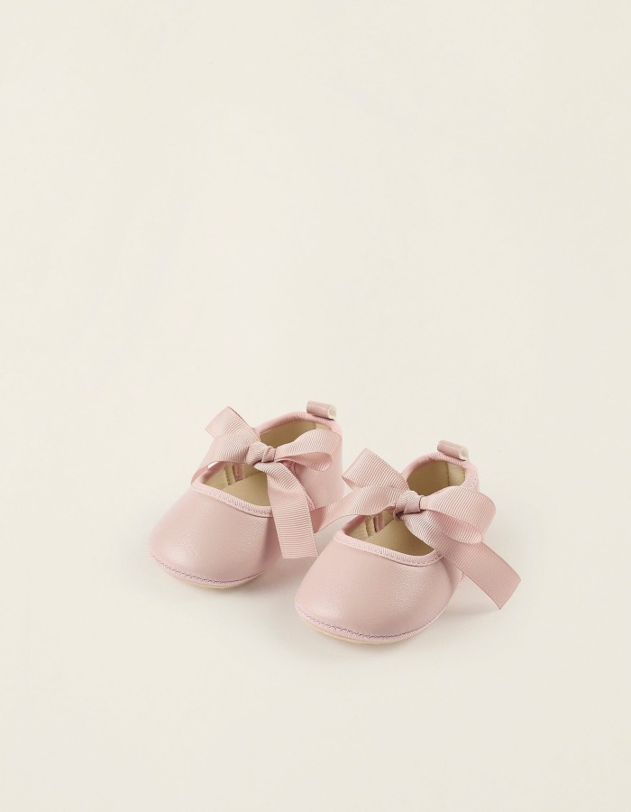 Satin Bow Ballerina Flats for Newborn Girls, Pink