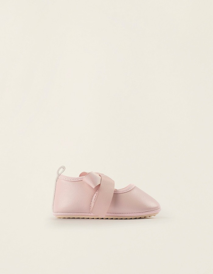 Satin Bow Ballerina Flats for Newborn Girls, Pink