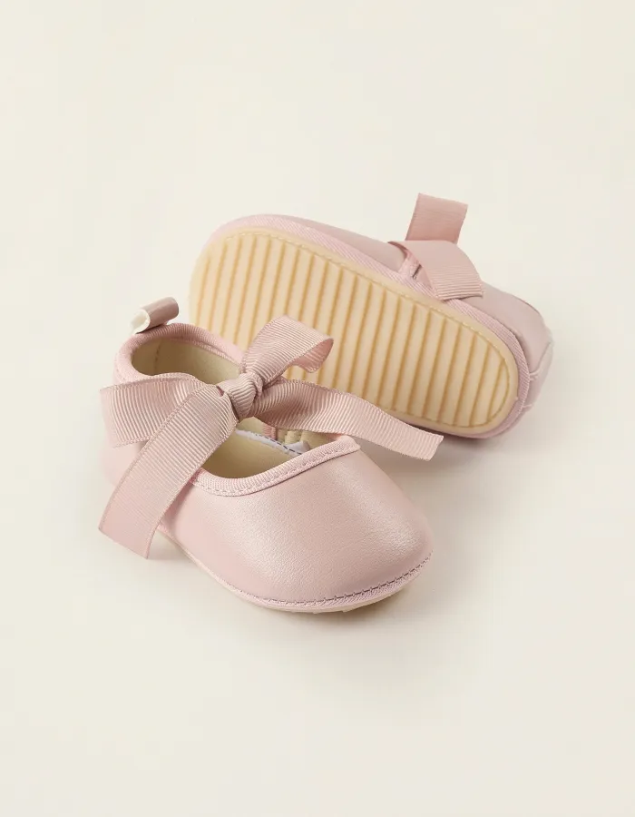 Satin Bow Ballerina Flats for Newborn Girls, Pink