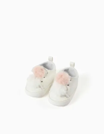 Trainers with Pompons for Newborn Girls, White/Pink