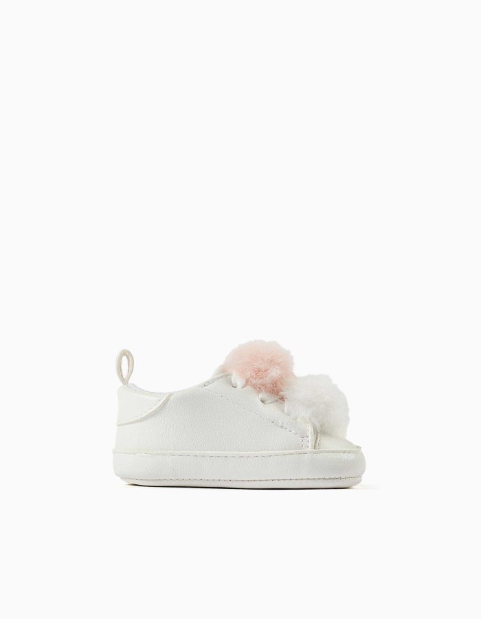 Trainers with Pompons for Newborn Girls, White/Pink
