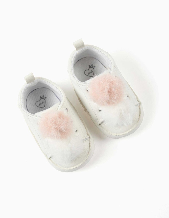 Trainers with Pompons for Newborn Girls, White/Pink