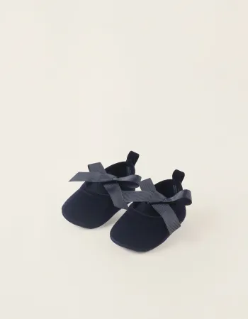 Velvet Ballet Flats with Bow for Newborn Girls, Dark Blue