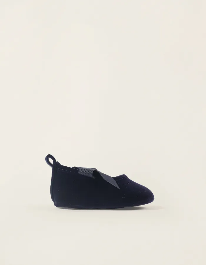 Velvet Ballet Flats with Bow for Newborn Girls, Dark Blue