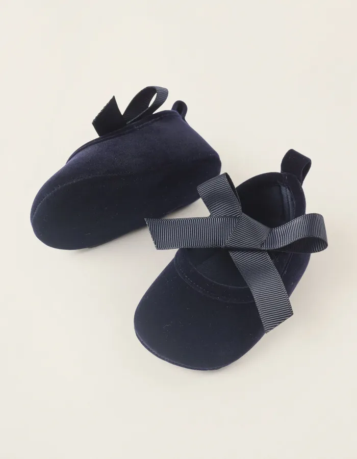 Velvet Ballet Flats with Bow for Newborn Girls, Dark Blue