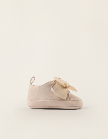 Shoes with Touch Fastener and Bow for Newborn Girls, Beige