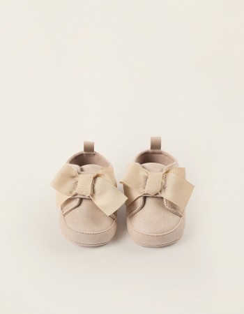 Shoes with Touch Fastener and Bow for Newborn Girls, Beige