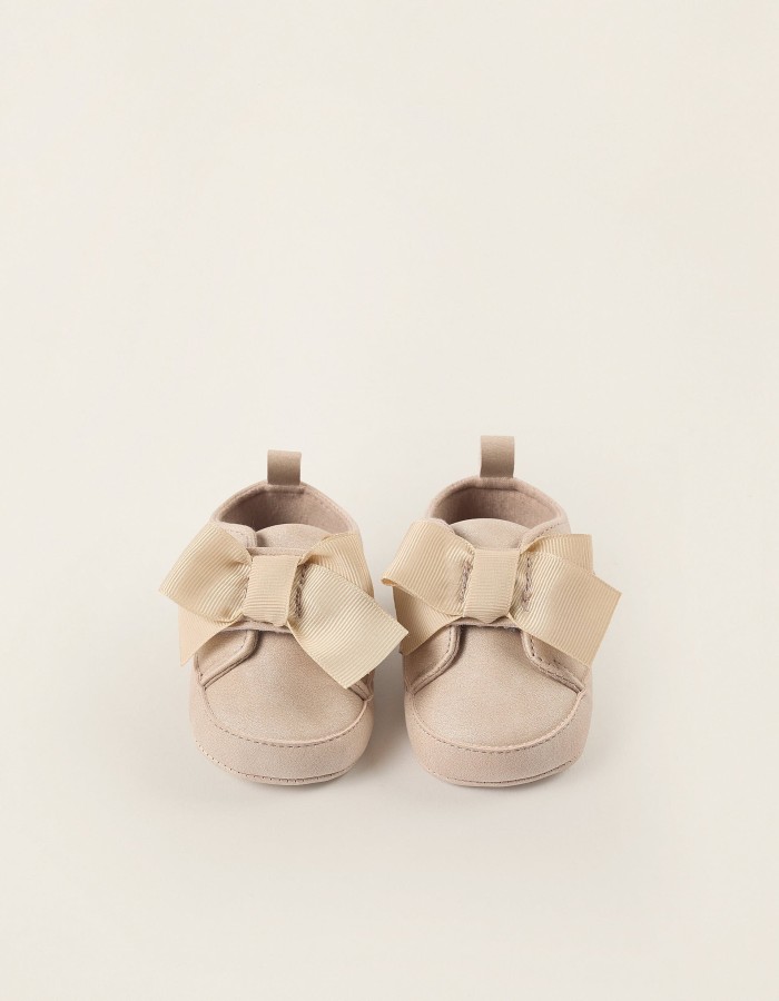 Shoes with Touch Fastener and Bow for Newborn Girls, Beige