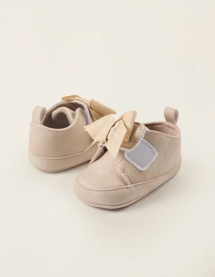 Shoes with Touch Fastener and Bow for Newborn Girls, Beige