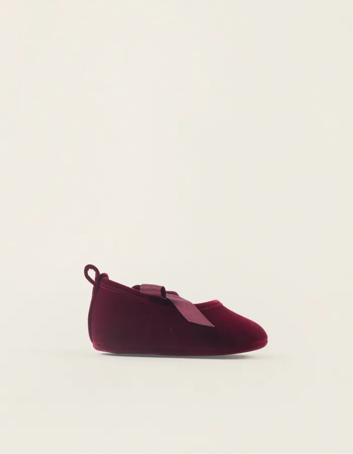 Velvet Ballet Flats with Bow for Newborn Girls, Burgundy