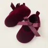 Velvet Ballet Flats with Bow for Newborn Girls, Burgundy