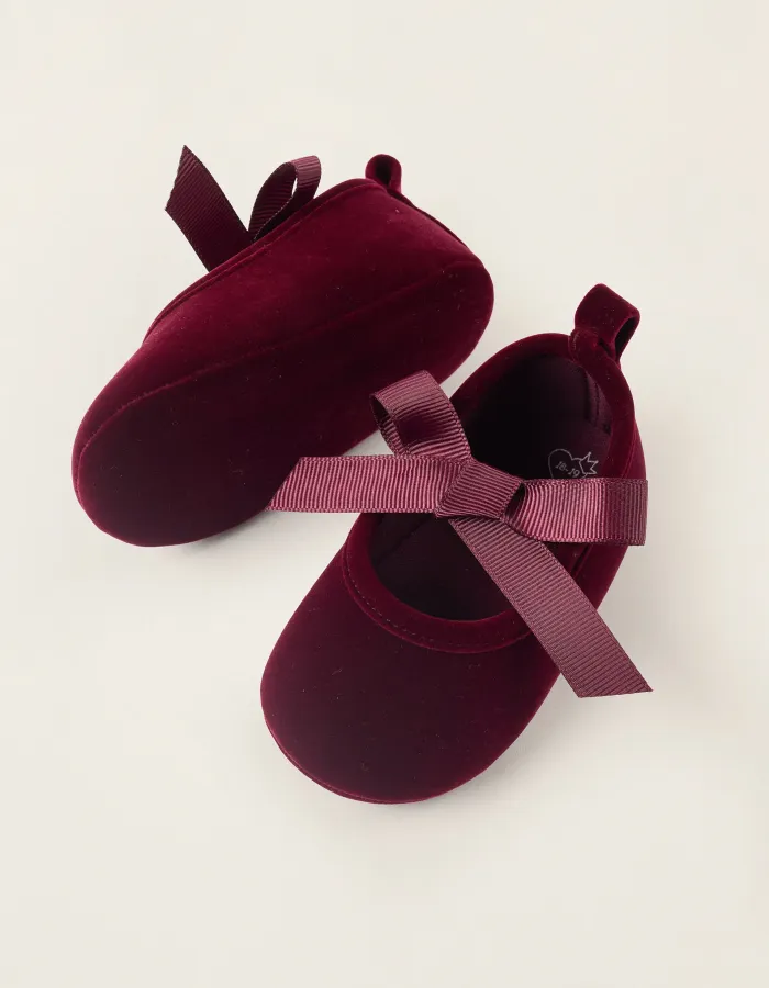 Velvet Ballet Flats with Bow for Newborn Girls, Burgundy