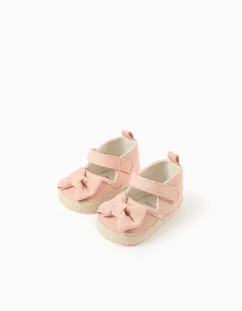 Ballerina shoes in canvas with bow for newborn girls, light pink