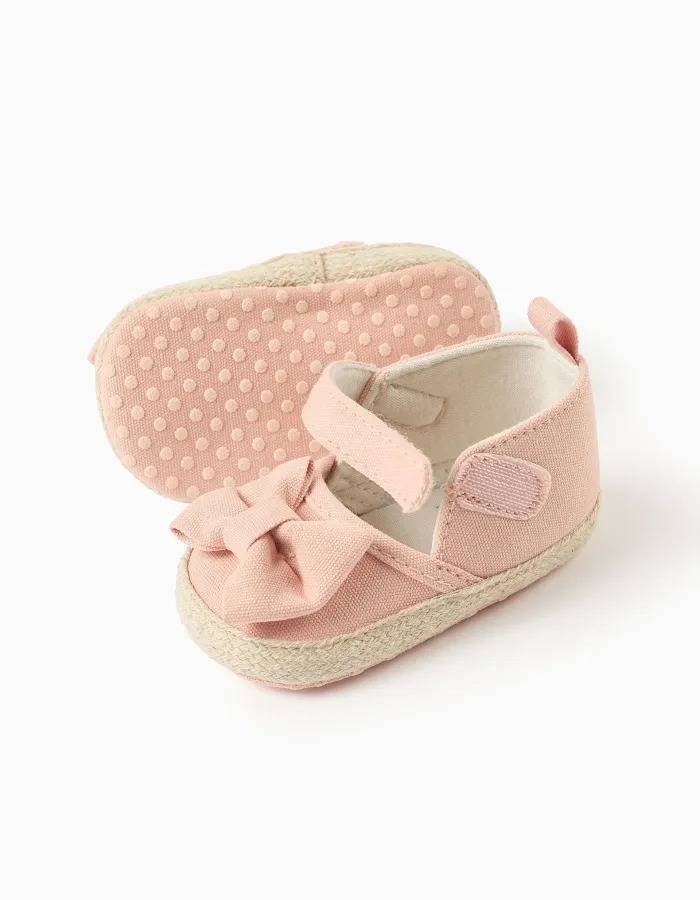 Ballerina shoes in canvas with bow for newborn girls, light pink