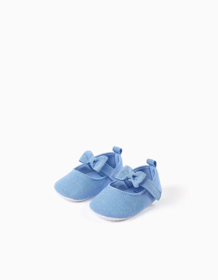 Canvas Mary Jane shoes with bow for newborn girls, blue