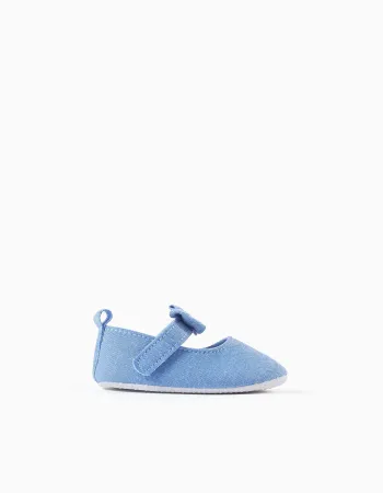 Canvas Mary Jane shoes with bow for newborn girls, blue