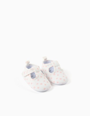 Canvas T-bar shoes with floral motif for newborn girls, white/pink