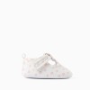 Canvas T-bar shoes with floral motif for newborn girls, white/pink