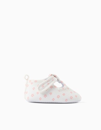 Canvas T-bar shoes with floral motif for newborn girls, white/pink