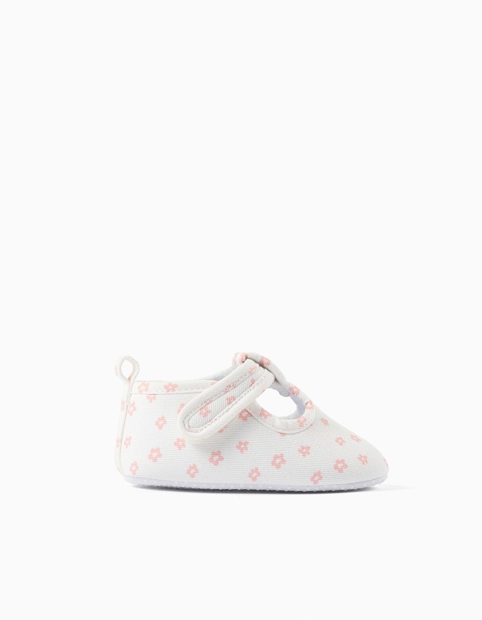 Canvas T-bar shoes with floral motif for newborn girls, white/pink