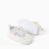 Canvas T-bar shoes with floral motif for newborn girls, white/pink