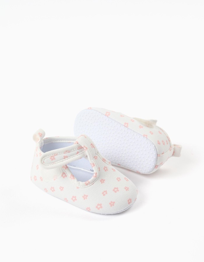 Canvas T-bar shoes with floral motif for newborn girls, white/pink