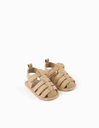 Fisherman sandals in suedette with touch-fastener for newborns, beige