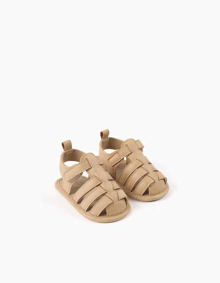 Fisherman sandals in suedette with touch-fastener for newborns, beige
