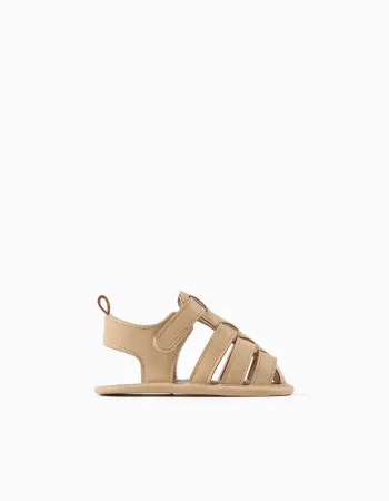 Fisherman sandals in suedette with touch-fastener for newborns, beige