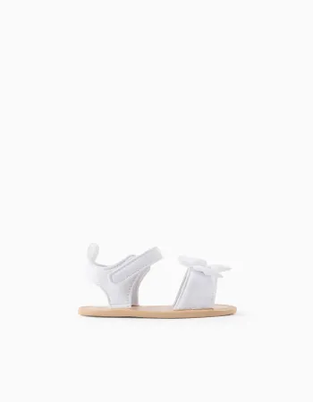 Sandals with open toe and decorative bow for newborn girls, white