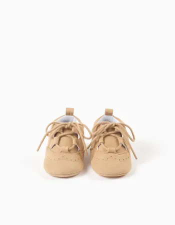 Suedette shoes with brogue detail for newborn boys, camel
