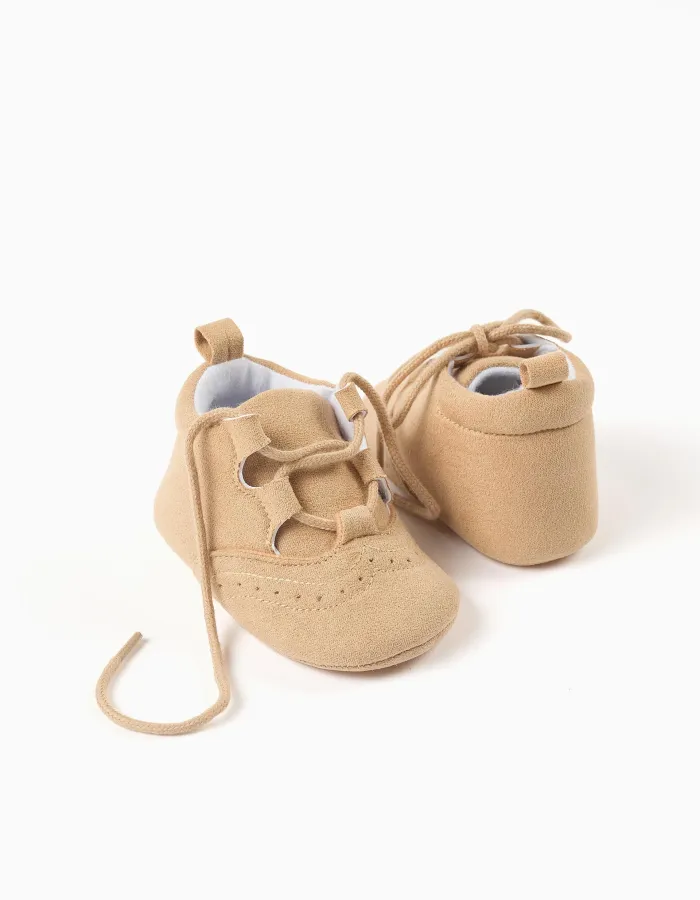 Suedette shoes with brogue detail for newborn boys, camel