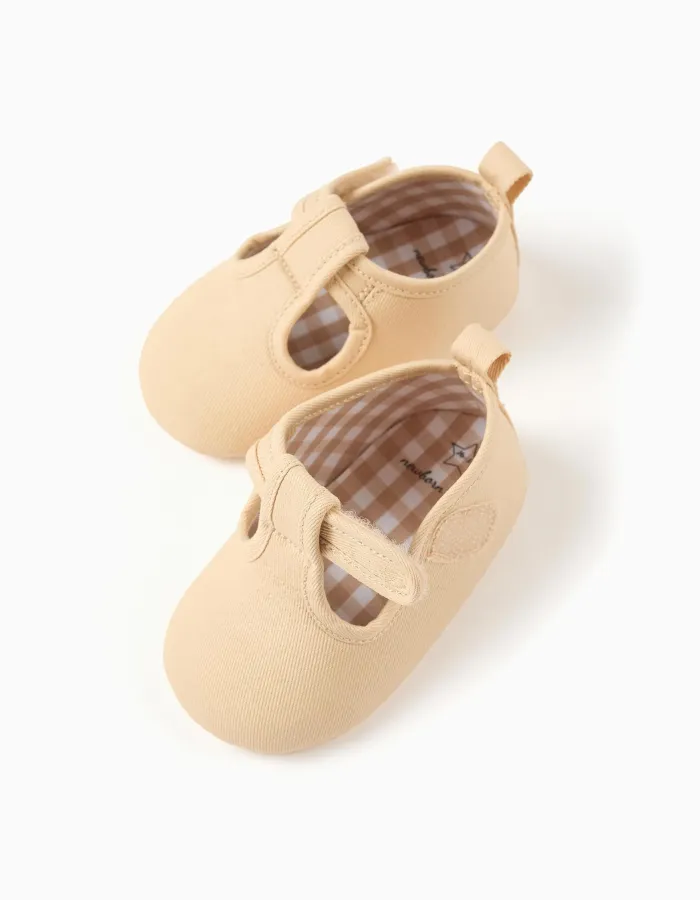Twill shoes with lining for newborns, light beige