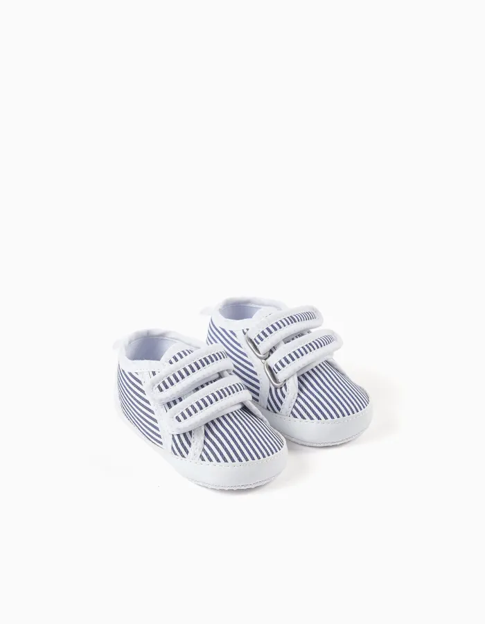 Striped canvas trainers for newborn boys, white/blue