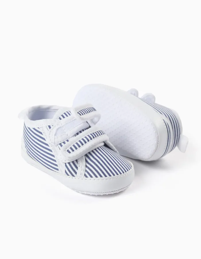 Striped canvas trainers for newborn boys, white/blue