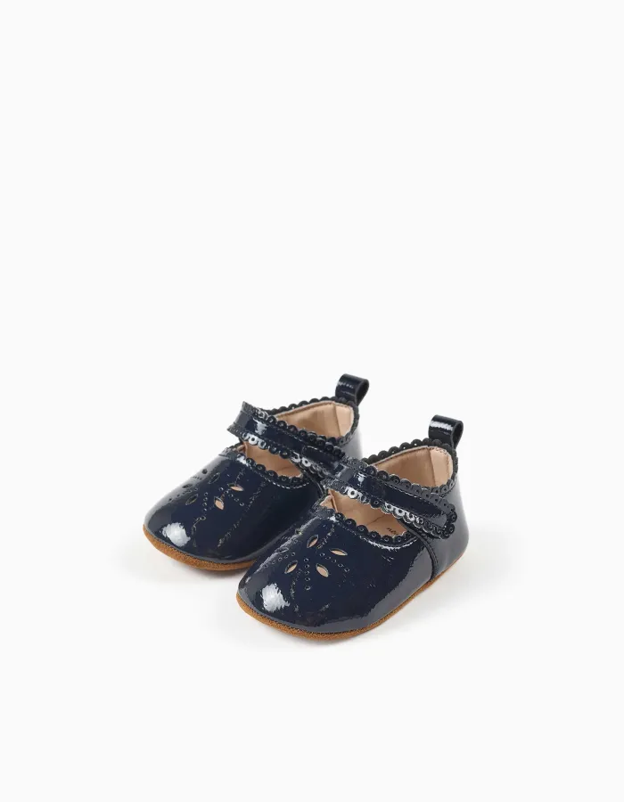Patent Mary Jane shoes with a touch-fastener for newborn girls, navy blue