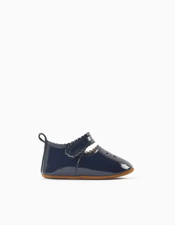 Patent Mary Jane shoes with a touch-fastener for newborn girls, navy blue