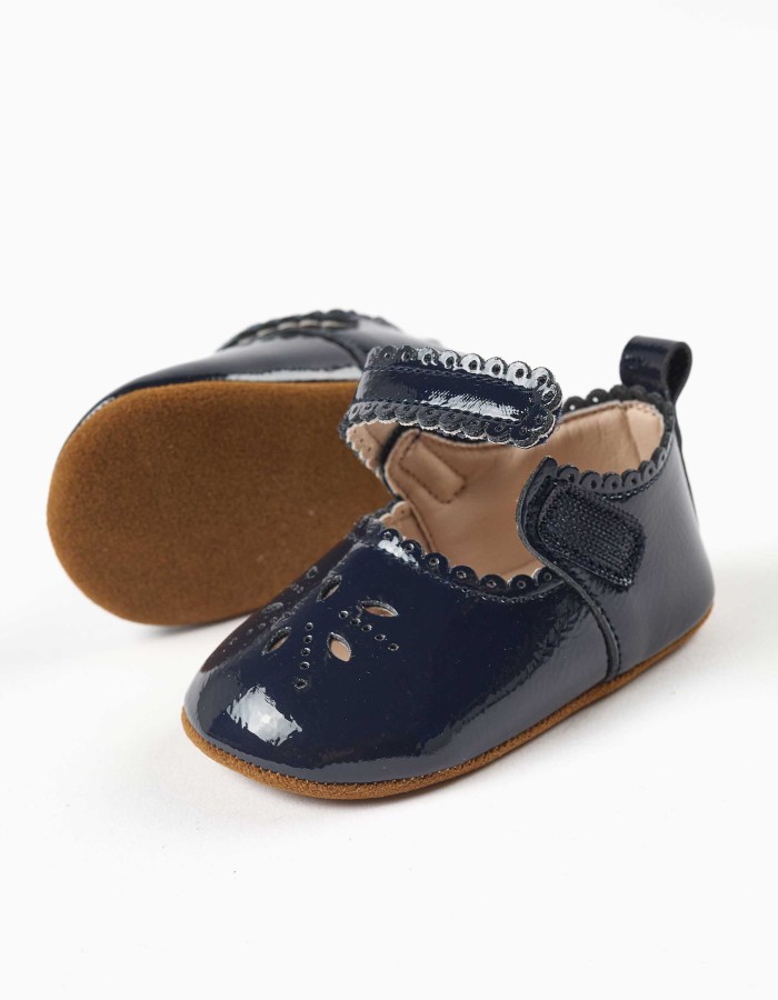 Patent Mary Jane shoes with a touch-fastener for newborn girls, navy blue