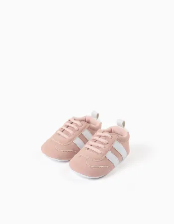 Pre-walker trainers with stripes for newborn girls, light pink/white