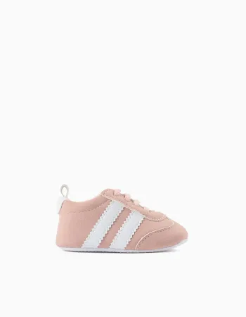Pre-walker trainers with stripes for newborn girls, light pink/white