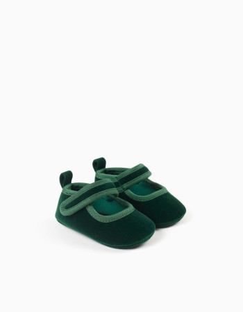 Pre-walker velvet ballerina shoes for newborn girls, dark green