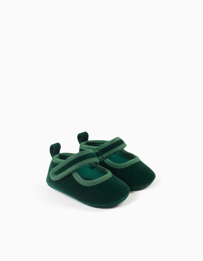 Pre-walker velvet ballerina shoes for newborn girls, dark green