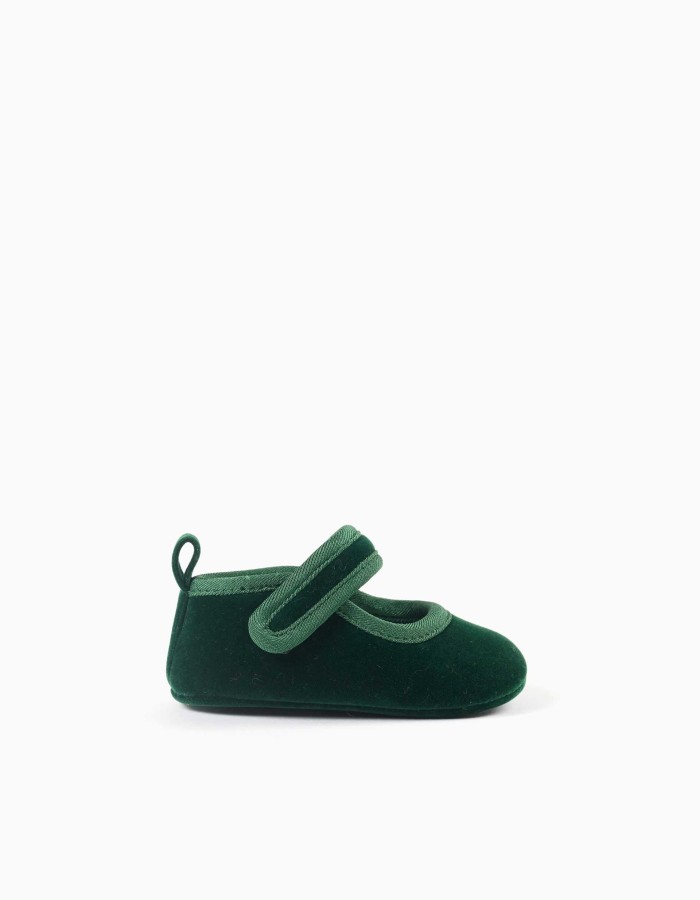 Pre-walker velvet ballerina shoes for newborn girls, dark green