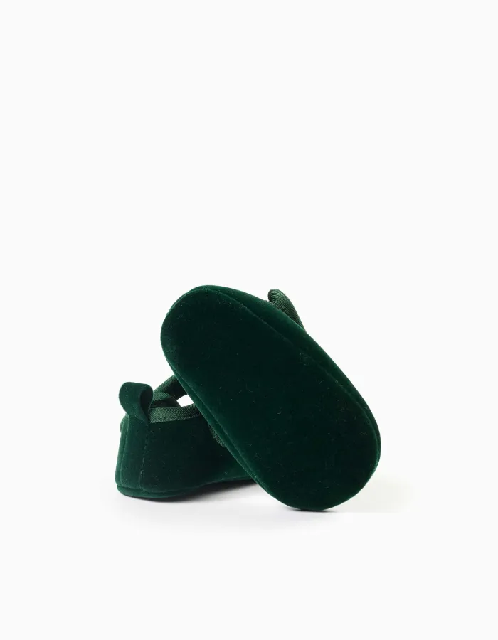 Pre-walker velvet ballerina shoes for newborn girls, dark green