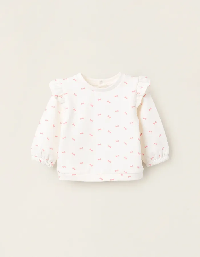 Brushed Sweatshirt with Ruffles for Newborn Girls 'Bows', White