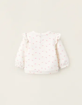 Brushed Sweatshirt with Ruffles for Newborn Girls 'Bows', White