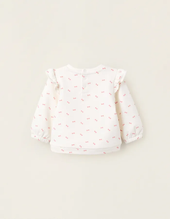 Brushed Sweatshirt with Ruffles for Newborn Girls 'Bows', White